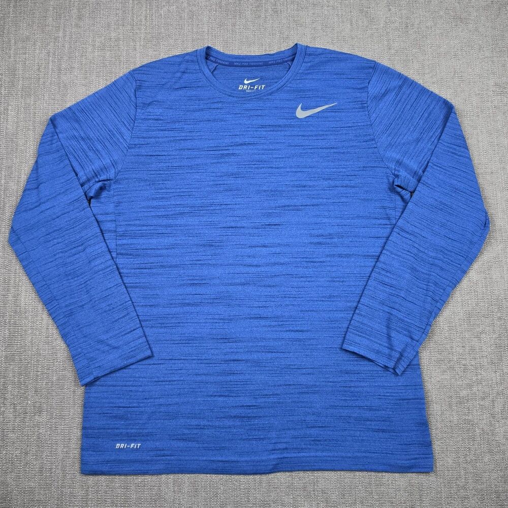 Nike Pro Training Mens Large Blue Heather Dri-FIT Long Sleeve Shirt Performance